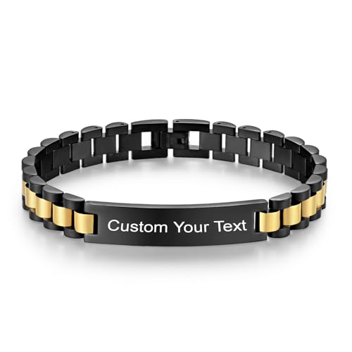 Custom Mens Bracelet Personalized Watch Band Engraved Name Bracelets for Men Customized ID Cuff Wristband Gift for Dad Husband - style: Black&Gold-1.0cm