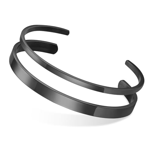 MEALGUET Stainless Steel Mens Cuff Bracelet : Minimal Cool Silver/Black/Gold Plated Open Metal Cuff Bangle Bracelets for Men,Mens Bracelet Jewelry Gift - color: Black-2-Pack, size: Medium( fit 5.5"-7.2" wrist)