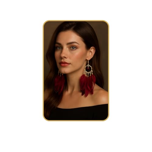 Feather Earrings for Women, Boho Long Brown Gold Dangle Drop Earrings, Handmade Statement Vintage Western Style Lightweight Trendy 2026 Fancy Unique Jewelry Gift - color: Red