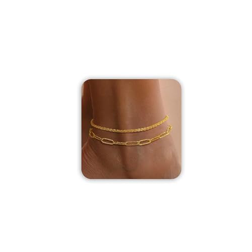 Freekiss Sterling Silver Ankle Bracelets for Women: Dainty Layered Waterproof Anklet for Women Adjustable Womens Anklet Set Stackable Figaro Beaded Cuban Link Anklets Beach Jewelry for Women - color: 2 Layered Anklet Paperclip-GD