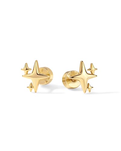 PAVOI 14K Gold Plated Dainty Flat Back Earrings for Women - Hypoallergenic Sterling Silver Posts Helix Cartilage Piercing Jewelry - Emoji Motif Bow Celestial Flatback Gold Stud Earrings Screw Back - style: Sparkle