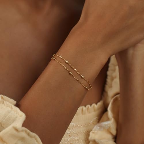 SLOONG Gold Pearl Bracelets for Women Trendy, 14K Gold Plated Dainty Stackable Layered Chain Bridesmaid Bracelets, Waterproof Wedding Jewelry for Women Adjustable 6"+2" - color: Style7(Ripple Chain)