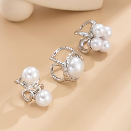 Gold Pearl Rings for Women Chunky Baroque Pearl Ring Open Adjustable Pearls Ring Boho Prom Costumes Jewelry Accessories - color: Silver