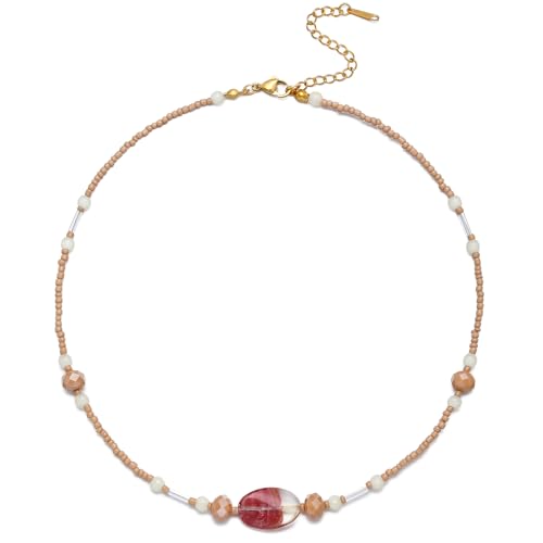 Beaded Necklaces for Women Summer Beach Beaded Necklace Bead Choker Boho Necklaces for Women Handmade Summer Jewelry Stainless Steel 18K Gold Plated - color: Beige