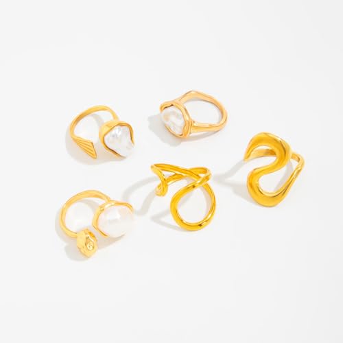 Chunky Gold Pearl Rings for Women Vintage Baroque Pearl Rings Set Open Stacking Pearls Ring Set Irregular Geometric Pearls Ring Boho Prom Costumes Fashion Jewelry Accessories - style: 5PCS C