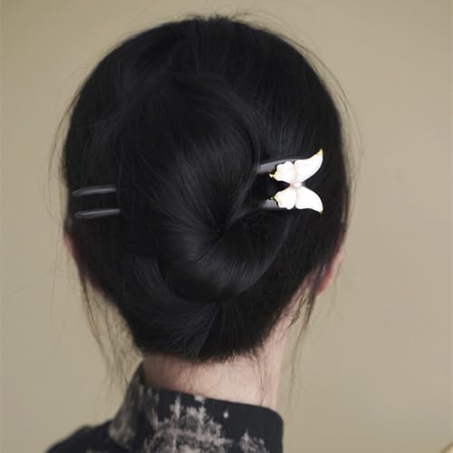 Handmade Wooden Hair Pin – U-Shaped Hair Fork with Natural Seashell Butterfly Design, French Hair Pins Clips for Women, Elegant Pearl Accent for Updos & Bun Styling 1P