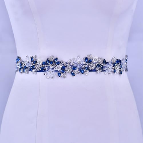 Rhinestone Wedding Bridal Belt for Women Formal Dress Handmade Crystal Beading Wedding Sash Belt - color: Blue