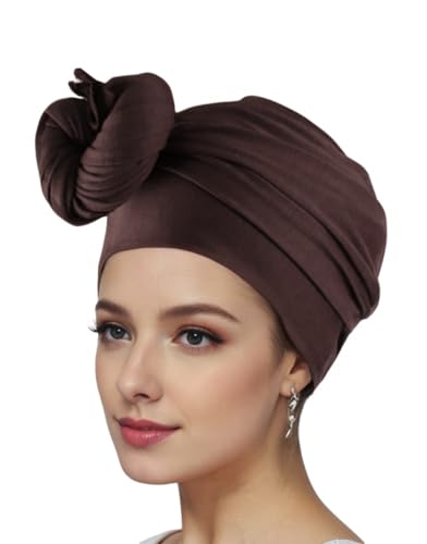 vabovin Head Wraps for Black Women Stretch Jersey Knit Turban Headwrap Solid Color Headscarf Headband Shawl - color: 02- Coffee