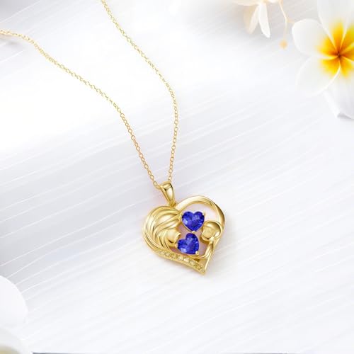 Mothers Day Gifts 14K Yellow Gold Mother Daughter Heart Pendant Necklace with 12 Months Birthstone Birthday Gifts for Mom Anniversarry Jewelry for Mom Wife Girlfriend - color: 09-09-Sept-Sept Birthstone