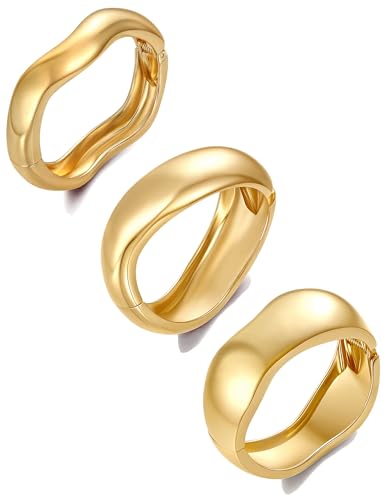 Akeoqi 3Pcs Chunky Gold Bangles Bracelets for Women 14K Gold Plated Irregular Hinged Cuff Bracelets Set Trendy Minimalist Wide Wire Twist Open Stack Bracelet Jewelry Gift - style: Bangle-3