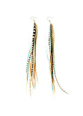 Feather Headz Bohemian handmade long lightweight feather dangle earrings for women - color: Natural & Turquoise