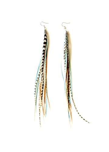 Feather Headz Bohemian handmade long lightweight feather dangle earrings for women - color: Natural & Turquoise