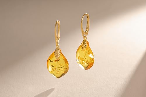 Leverback Dangle Earrings for Women – Gold-Plated 925 Silver Drop Earrings with Natural Yellow Baltic Amber Piece, Lightweight Jewelry with Secure Closure for Everyday Elegance - color: Amber Flame