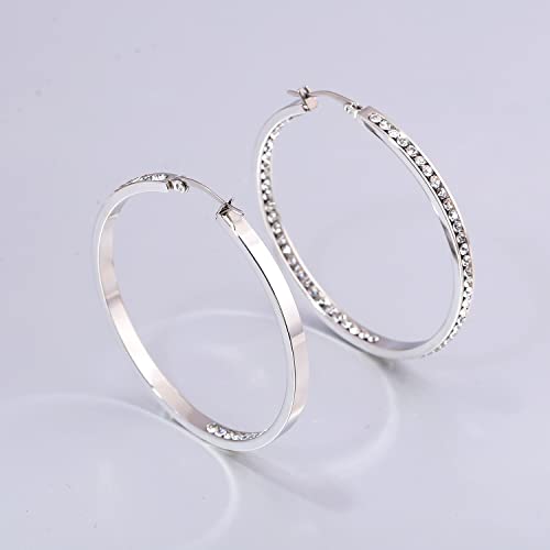 CiNily Mult-colors Crystal Stainless Steel Hoop Earring for Women Hypoallergenic Jewelry for Sensitive Ears Large Big Hoop Earrings 2" - color: Clear White