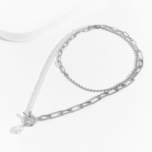 Gold Stack Necklace Chunky Necklaces for Women Trendy Coin Pendant Long Necklaces Western Jewelry for Women Cowgirl Cowboy Chic Country Outfit Boho Accessories Birthday Jewelry Gifts - color: B Silver Paperclip Pearl Chain Necklace