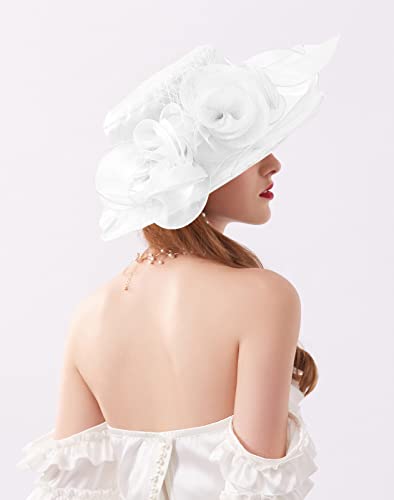 ORIDOOR Women’s Organza Church Tea Party Wedding Fascinator Derby Hat Wide Brim Sun Hats - color: D5-white