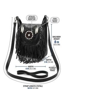Women’s Genuine Leather Crossbody Belt Bag with Fur Fringe, Braided Bead Handcrafted Design, Clip-On Hip Fanny Pack with Jeans Loop, (J2400LB, Black) - color: Black