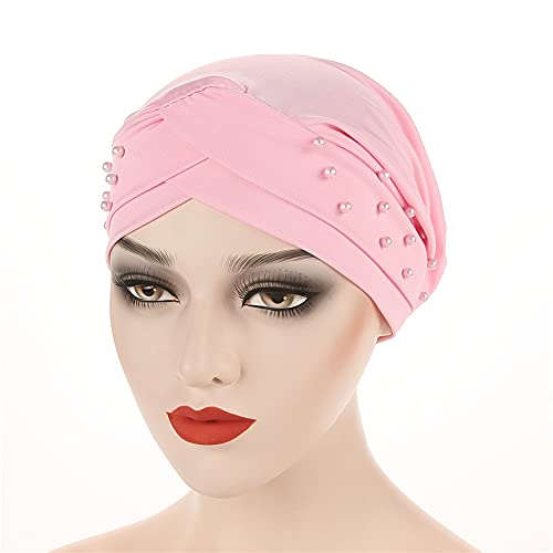 Women Beaded Silky Beanie, Pre-Tied Turban Head Wrap Cap for Chemo Chemical Cancer Hair Loss Cover Hat - color: Pink