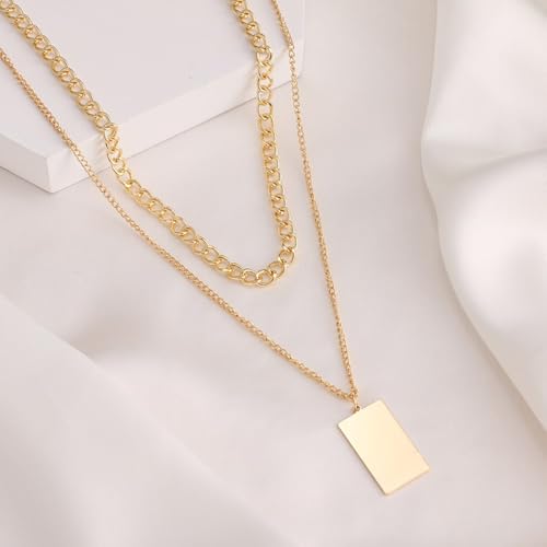 Gold Necklaces for Women Gifts - 14K Gold Plated Necklace for Women Necklaces for Her Tiny Fashion Jewelry for Teens，for Women Friends Jewelry Gifts，Necklace Gold Jewelry Birthday Gifts - style: Double layered square pendant necklace