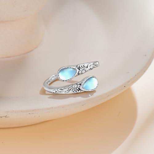 Moonstone Ring for Women 925 Sterling Silver Adjustable Open Ring Boho Statement Jewelry Gift for Her - style: Vintage Floral Open Ring