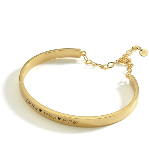 MIONZA 18K Gold Vermeil Personalized Bangle Bracelet for Women, Custom Engraved Cuff with Personal Text