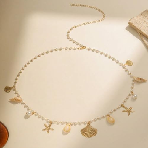 Vivian&CD Mermaid Seashell Starfish Waist Chain for Women, Gold Boho Pearl Shell Conch Belt Chain Waterproof Body Chain for Summer Beach Sexy Bikini Pirate Costume Accessories - style: Starfish Shells