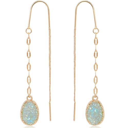 Simulated Druzy Threader Earrings for Women - Gold, Silver, or Rose Gold Tone Long Chain Earrings with Boho Created Geode Stone - color: Gold - Aqua Glitter Stone