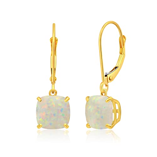 14k White or Yellow Gold Cushion Cut Gemstone Dangle Earrings for Women with 8mm Birthstones by MAX + STONE - color: Created-Opal