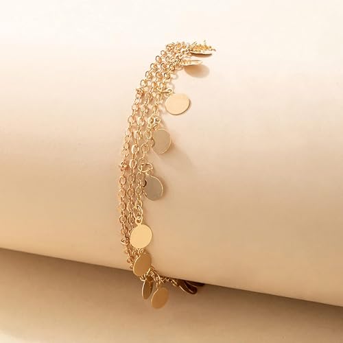 Fesciory Women Heart Anklet Adjustable Beach Layered Ankle Bracelets for Women Gold Alloy Foot Chain Jewelry - color: 3 Layered Disc