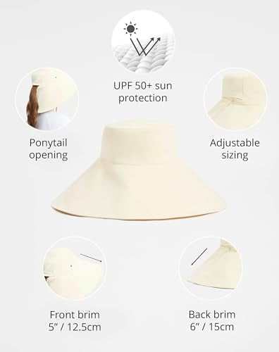 Solbari Ultra Wide Brim Sun Hat UPF 50+ Packable UV Sun Protection Hats with Full Coverage Brim - color: Vanilla / Beige, size: Small-Medium
