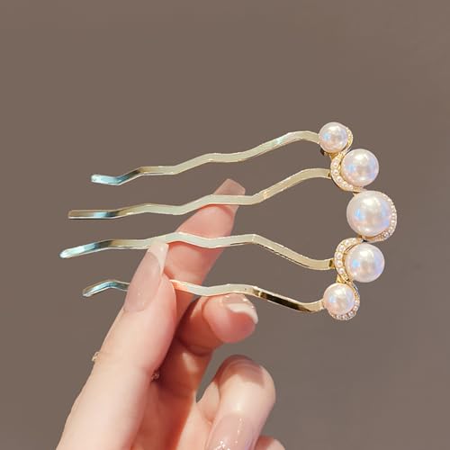 2 Pcs Pearl U Shaped Hair Side Combs for Buns Fashion 4 Prong Hair Updo Hair Sticks Metal Teeth Hair Fork Clips Decoration Hair Styling Accessories (Gold, Black)