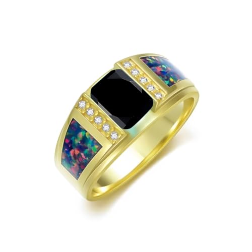 2CT Gemstone Wedding Ring for Men S925 Sterling Silver Gold Plated Opal Engagement Ring Vintage Retro Jewelry for Men Husband Anniversary Free Engraved Size 4 to 16 - style: Black Onyx