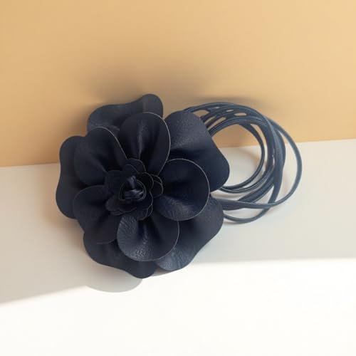 Boho Big Flower PU Leather Waist Belt Chain for Women Rose Floral Camellia Long Tassel Adjustable Waist Band Jewelry - color: Navy Blue