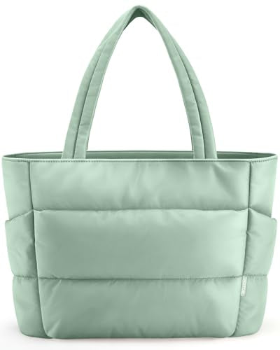 HOTOR Puffer Tote Bag for Women, Nurses - Multi-Pocket Lightweight Bag for Work - Quilted Handbag for Travel and Gym - color: Green, size: 18.1" × 6.3" × 11.8"