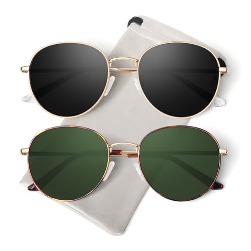 GQUEEN Retro Round Polarized Sunglasses Womens Men Spring Hinge Metal Frame Trendy Hippie Oval Sun Glasses Shades UV400 - color: 2 Gold Black & Tortoise Green