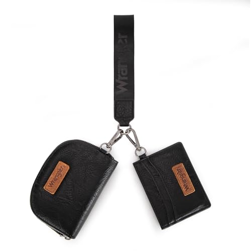 Wrangler KeyChain Wallet Wristlet Wallets for Women Dual Pouch Wristlet with Zipper Womens Credit Card Holder Wallet - color: A-Black