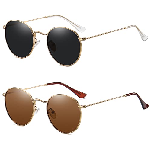MEETSUN Round Polarized Sunglasses for Women Men Classic Retro Metal Frame Sun Glasses UV Protection - color: (2 Pack) Gold/Grey + Gold/Brown