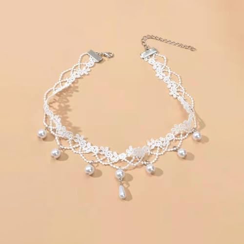 Boho Flower Pearl Lace Choker Necklace Waterdrop Pendant Necklace Choker Vintage Teardrop Clavicle Necklace Dainty Neck Chain for Bridemaids Wedding - color: white