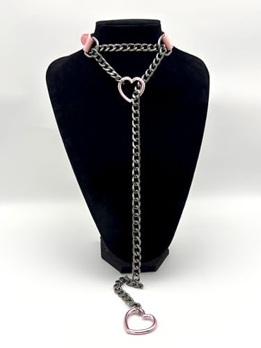 Black Leather Choker Collar For Women, Handmade Heart Slip Chain Choker Long Necklace with Adjustable Buckle - color: B-Pink-Black-Pink, size: 24''chain
