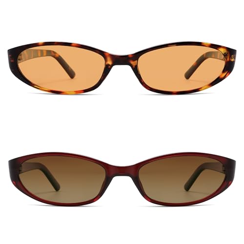 Retro Oval Sunglasses for Women Men Y2k Narrow Cat Eye Sunnies Skinny Shades AR82299 - color: 14. Tortoise+clear Red