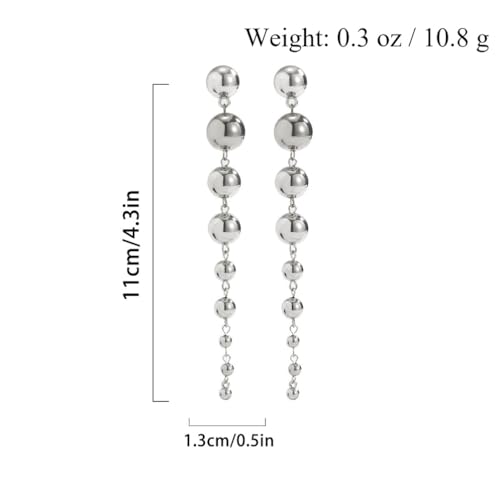 Dainty Gold Beaded Ball Dangly Earrings for Women, Statement Simple Silver Round Beads Long Tassel Drop Dangle Earring Party Prom Accessories Jewelry Gift - color: Silver