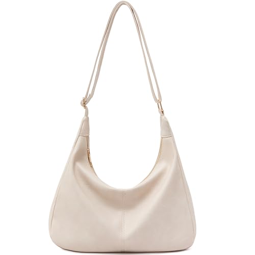 Hobo Bags for Women Foldable Vegan Leather Shoulder Handbag Slouchy Tote Crossbody Purses - color: Beige