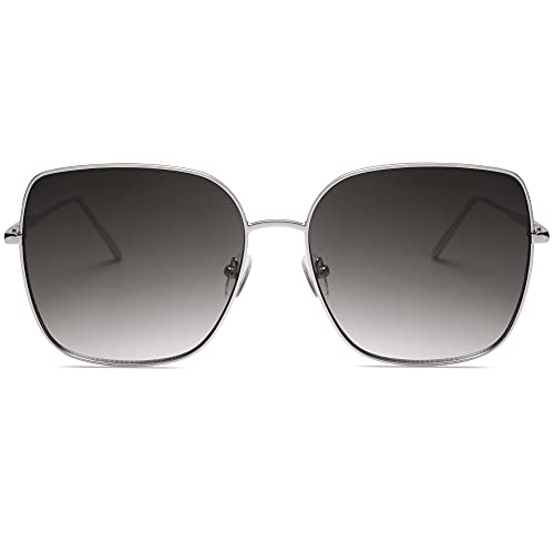 SOJOS Trendy Oversized Square Metal Frame Sunglasses for Women Men Retro Big Flat Lens UV Protection Sunglasses SJ1146 - color: Silver/Gradient Grey