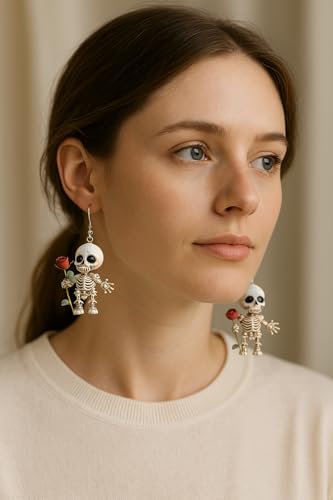 Halloween Skeleton Earrings for Women – Cute Spooky Skull Dangle Earrings with Red Rose, Gothic Creepy Cute Acrylic Statement Jewelry - color: Romantic Skeleton Rose