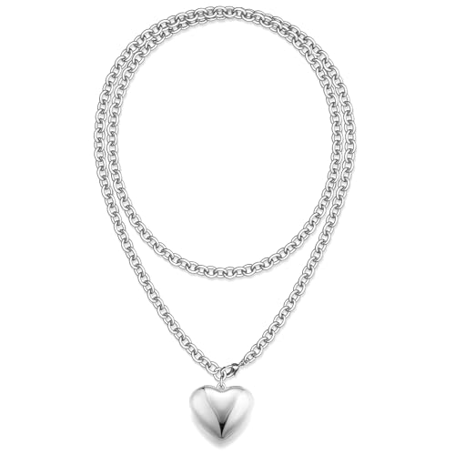 TEN MIRO 16k Gold Plated Chunky Gold Plated Necklace for Women Non Tarnish, 36'' /92cm Long Chunky Heart Necklace layered Puffy Heart Necklaces Long Thick Pendant Bold Statement Necklaces for Women Trendy - style: Chunky silver plated heart necklace