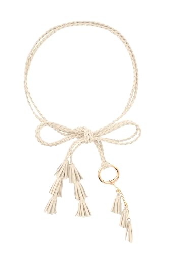 TeeYee Women Girls Multi Colors Braided Waist Tie Belt/Rope/Chain with Tassel Fringe Wrap Cloth Belts for Ladies Dress Pants - color: 286beige