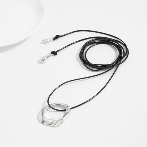 Statement Pendant Necklace for Women Minimalist Black Long Wax Rope Geometric Irregular Circular Pendant Necklace Vintage Adjustable Leather Necklaces Jewelry for Women - style: silver