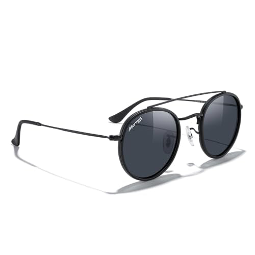 MERRY'S Retro Round Polarized Sunglasses - Unisex Double Bridge Sun Glasses - color: Matte Black Frame/Matte Black Bridge/Black Lens
