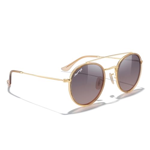MERRY'S Retro Round Polarized Sunglasses - Unisex Double Bridge Sun Glasses - color: Tra Yellow Frame/Gold Bridge/Brown Gradient Lens