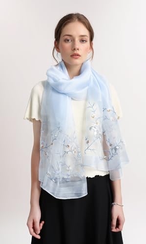 Jeelow Silk Blend Floral Fashion Scarf Shawl Wrap Lightweight Sheer For Women Floral Embroidery Wedding Party Prom - color: Bluebell Dream